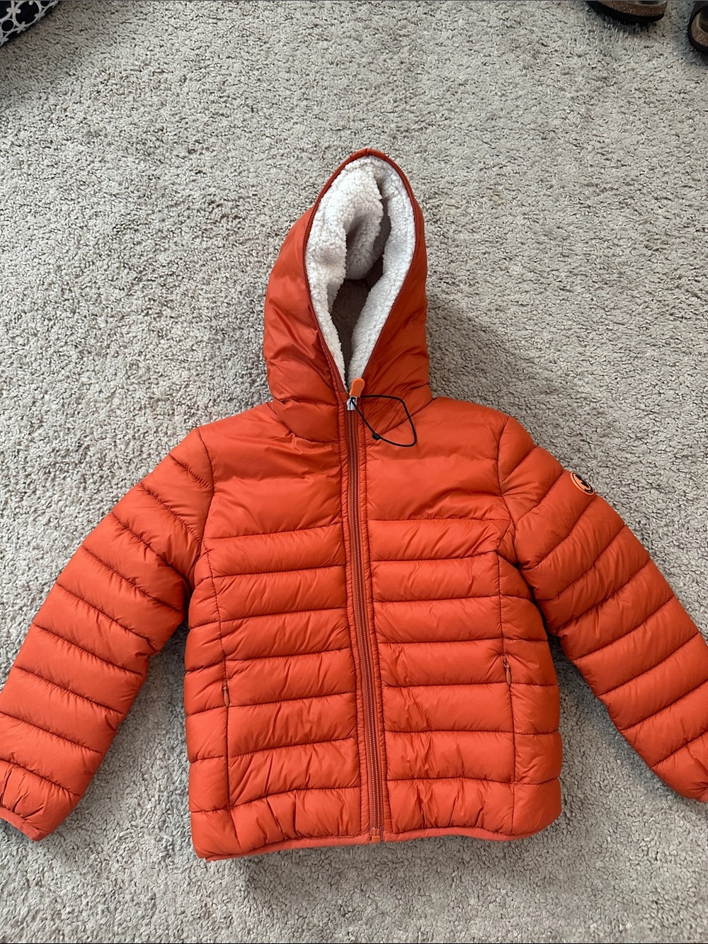 NWOT SAVE THE DUCK Kids Orange Hooded Puffer Jacket with Sherpa Lining